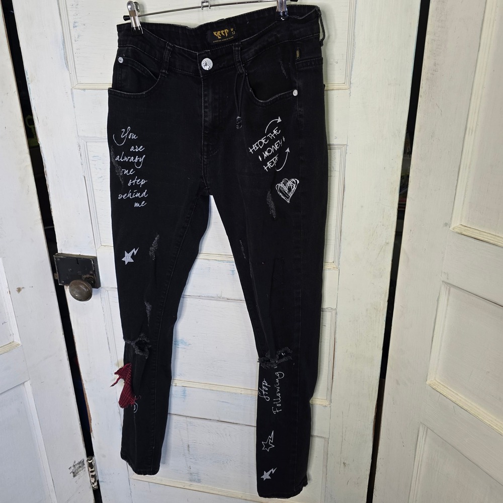 KLEEP Black Distressed‎ Graphic Patch Jeans Men W32 Slim Fit Streetwear